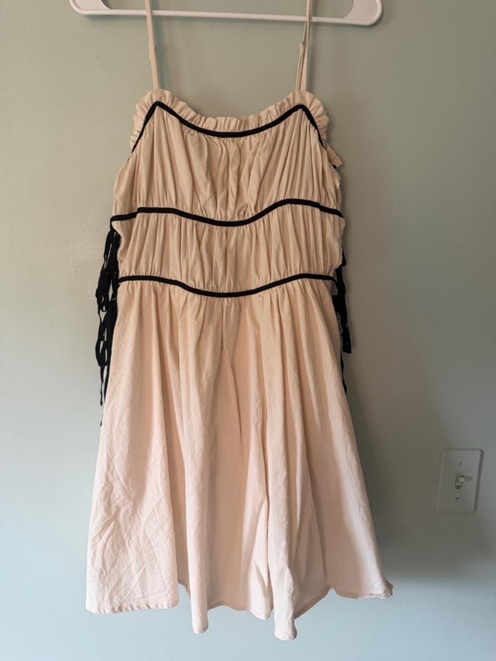 Cream Mini Dress with Black Trim and Spaghetti Straps